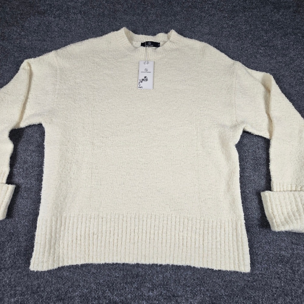 LILLUSORY Bouclé Knit Crewneck Sweater Women Medium Cream Oversized Pullover NWT